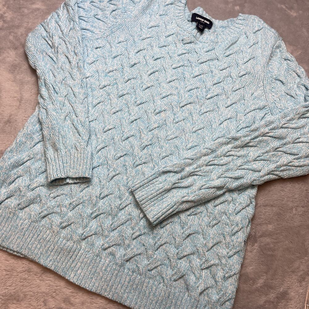 Lands End Drifter Cable-Knit Sweater Womens‎ L/P Heathered Aqua Cotton Coastal